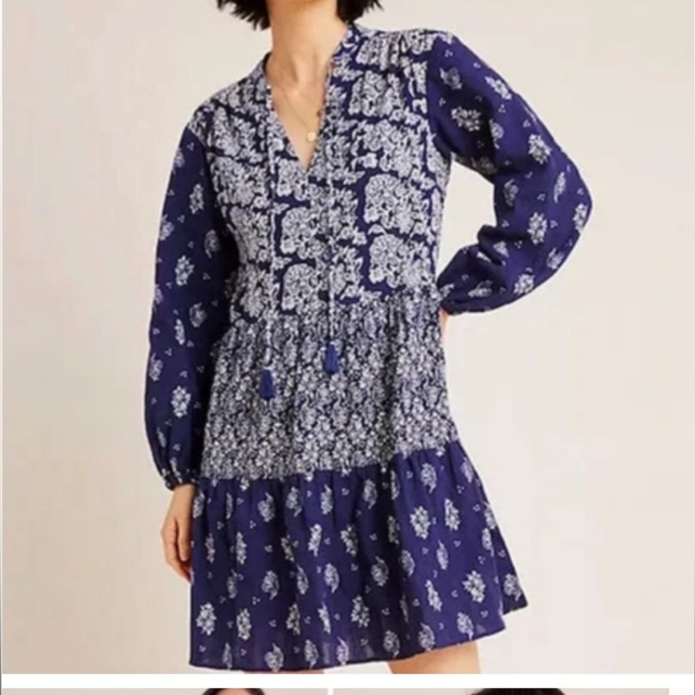 Maeve by Anthropologie blue pattern dress carlita